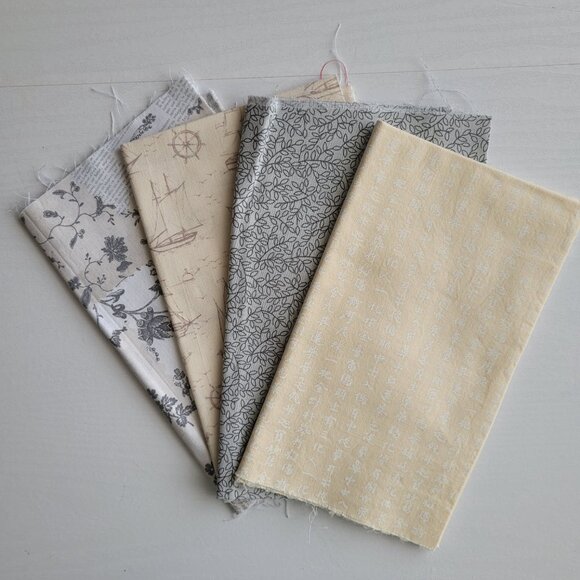 Mixed Cotton Fabrics Other - 4 Scrap/Fat Quarter LOT- cotton Fabric Neutral Gray beige floral Chinese Letters